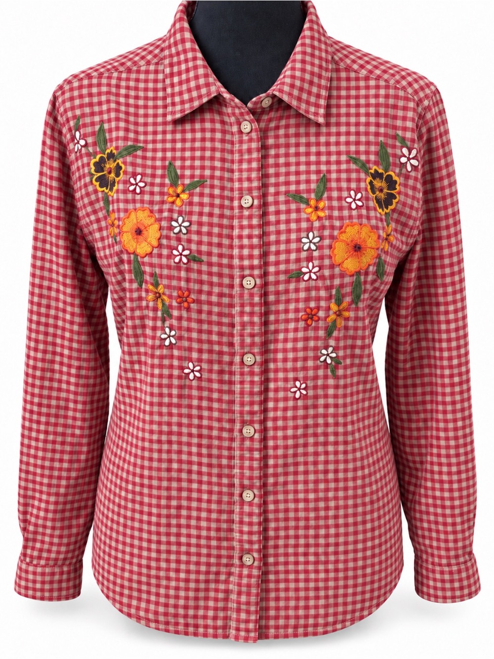 Bobbie Brooks Red Gingham Floral Embroidered Button-Up Shirt XL